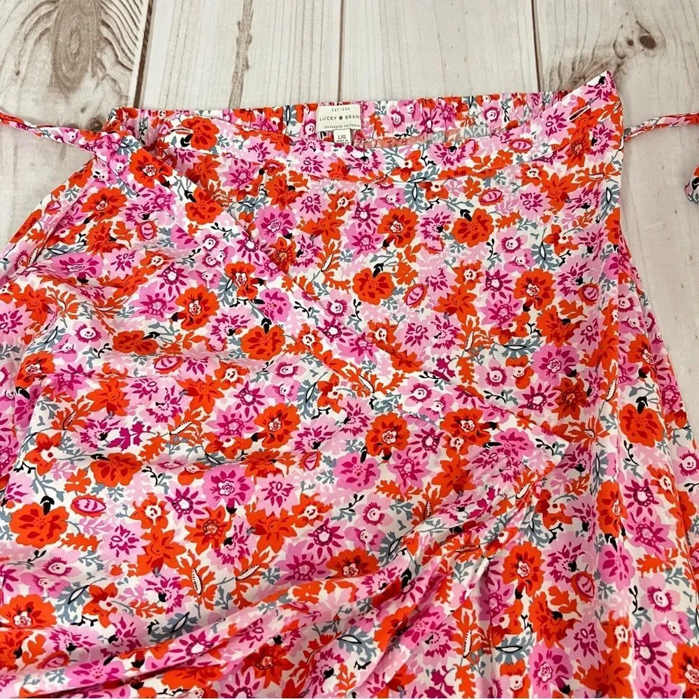 Lucky Brand Womens Wrap Skirt Size Large Pink Orange Floral Maxi Cottagecore
